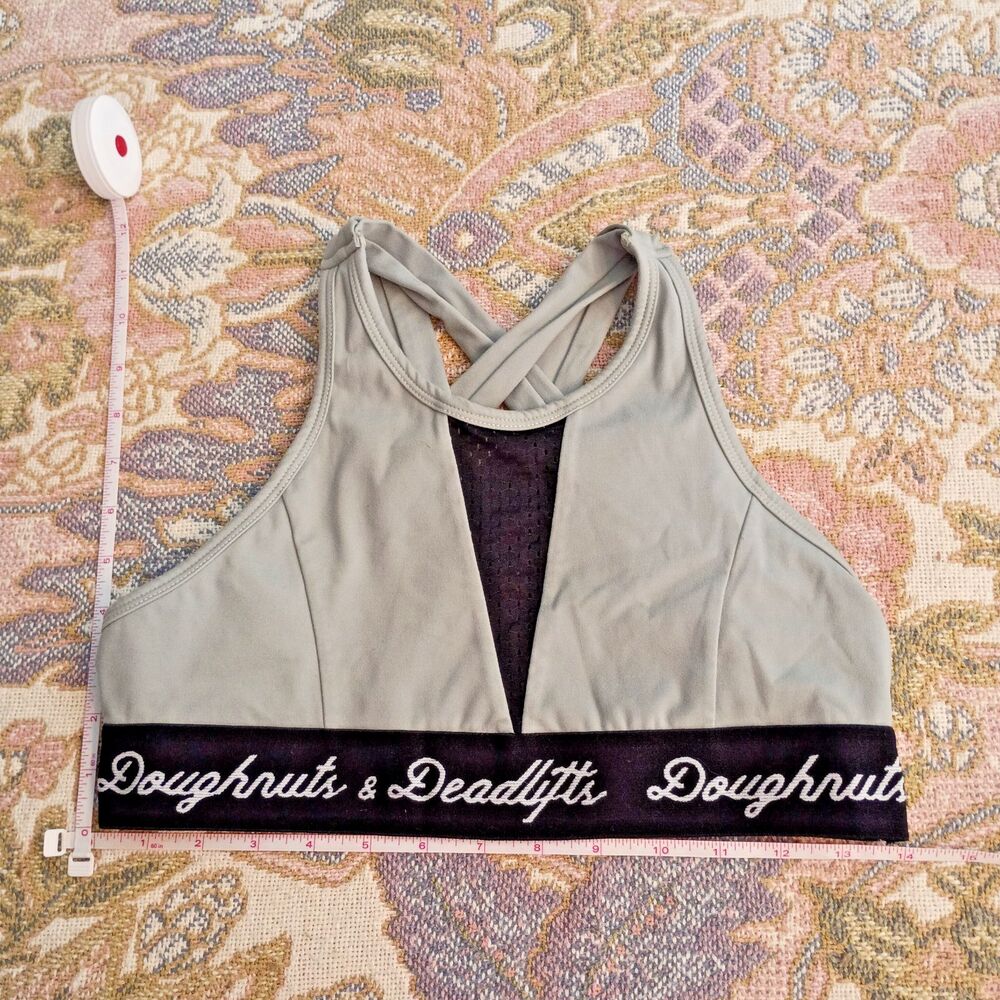 Doughnuts & Deadlifts D&D Womens Sports Bra Gray Black Keyhole Strappy Crossback